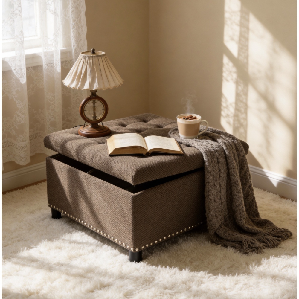 Outdoor Furniture Wood - Puf quadrado de cor castanho-escuro da